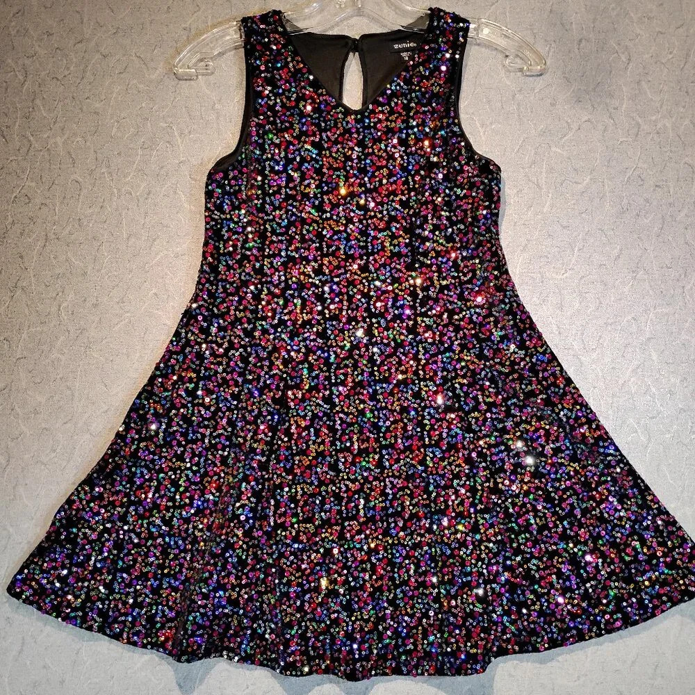 ZUNIE Black Rainbow Sequins Sleeveless V Neck Lined Dress in Size 10